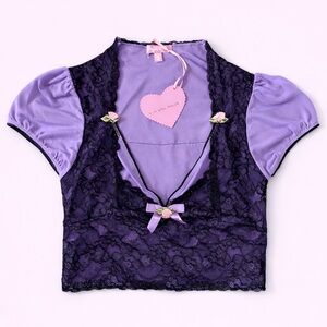 Sugar Thrillz Lace & Mesh Crop Top Purple Black Lace NWT S Fairycore Pastel Goth